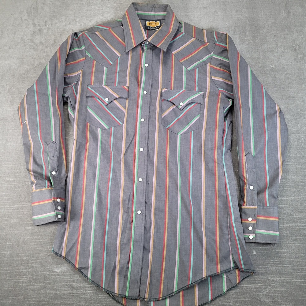 Holt Western Shirt Mens Medium Gray Striped Pearl Snap Long Sleeve USA Vtg